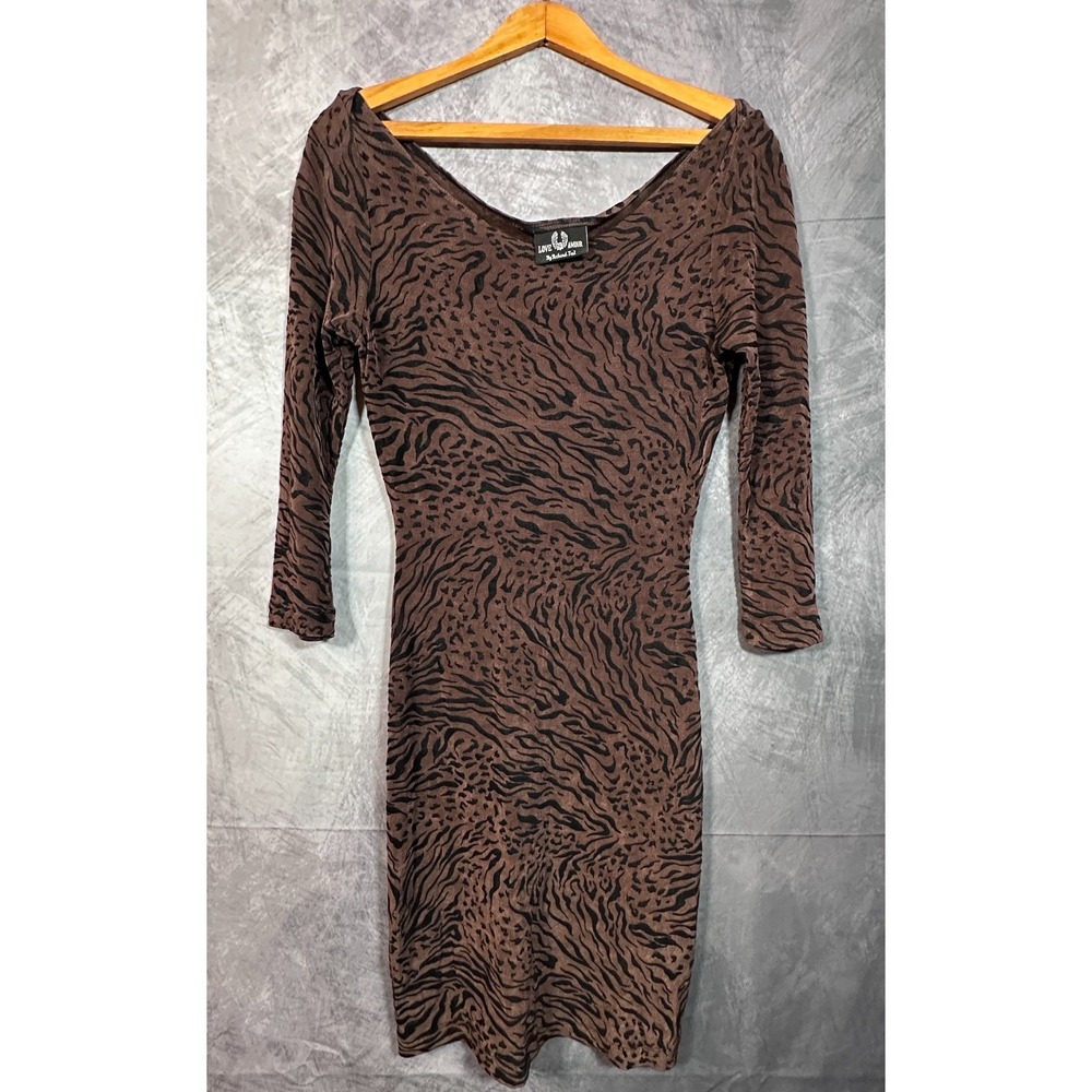 Love Amour Bodycon Dress Womens 2 Brown Black Animal Print Long Sleeve V-Neck